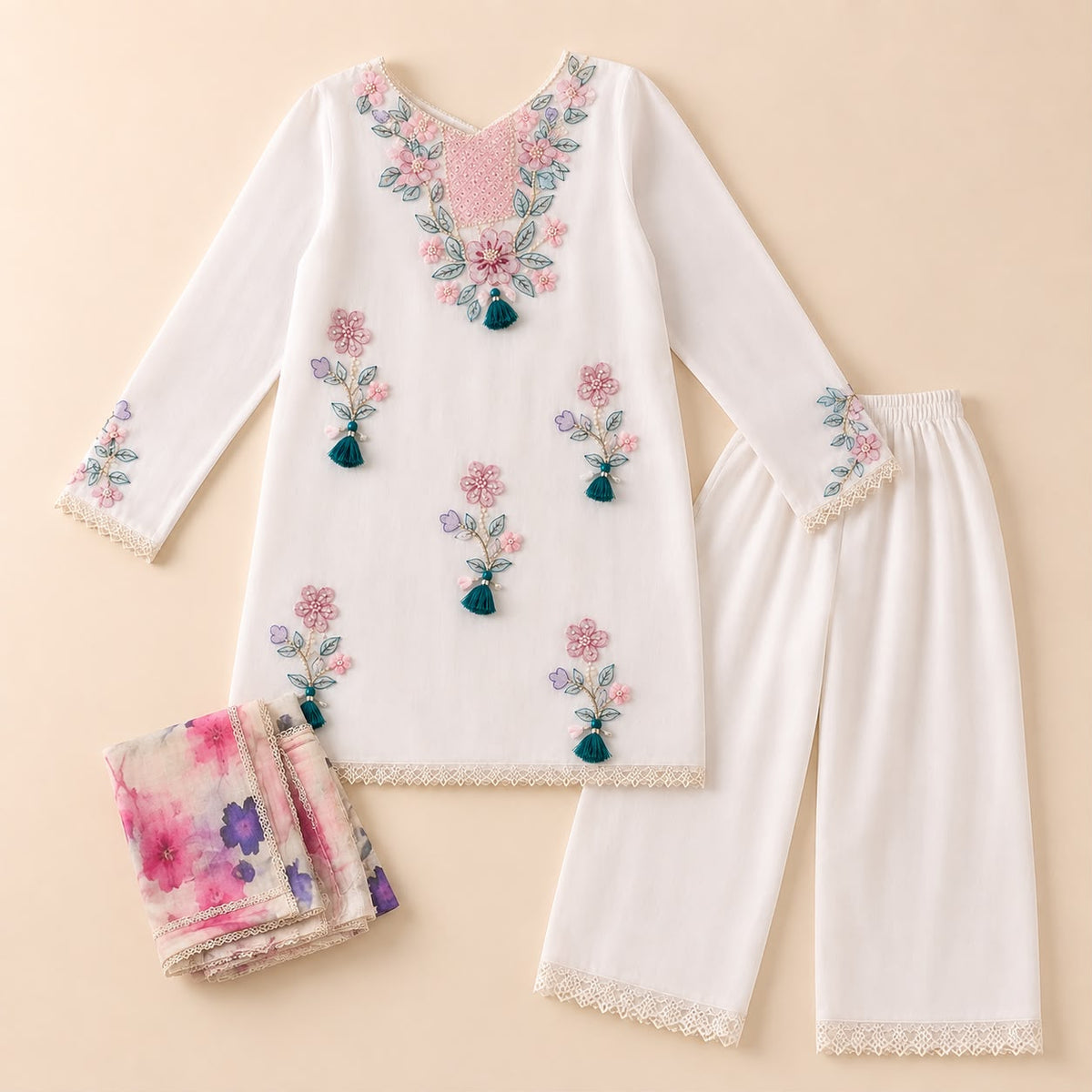 Premium White Floral Embroidered 3-Piece Stitched Festive Suit for Girls