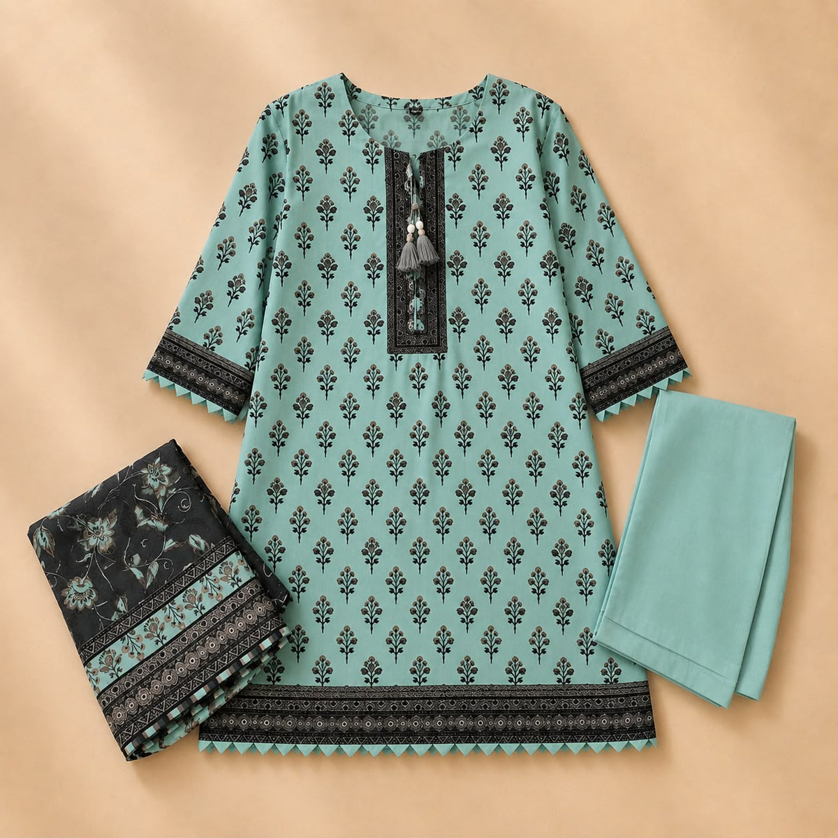 Mint Green Floral Printed 3-Piece Lawn Suit with Tassel Placket
