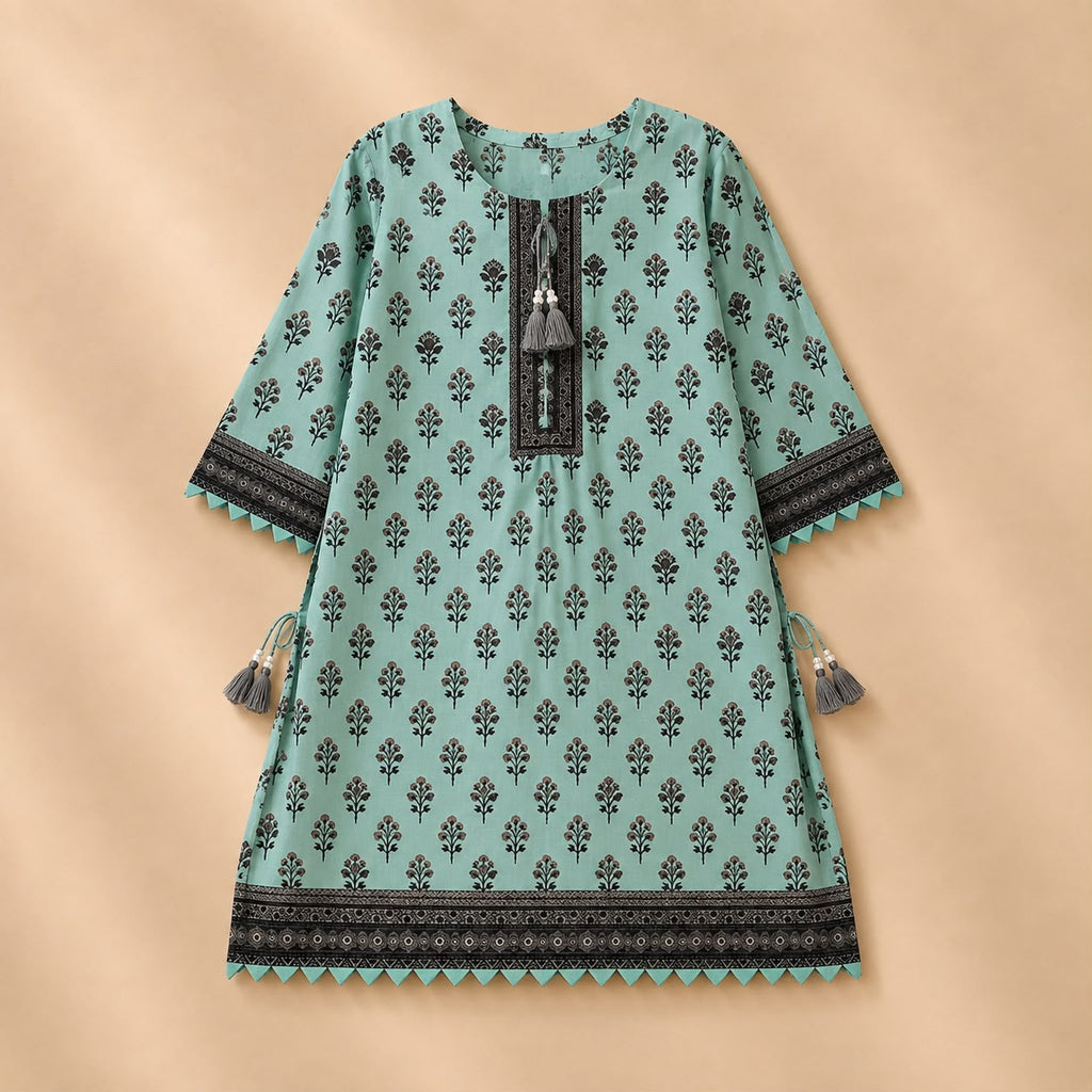 Mint Green Floral Printed 3-Piece Lawn Suit with Tassel Placket