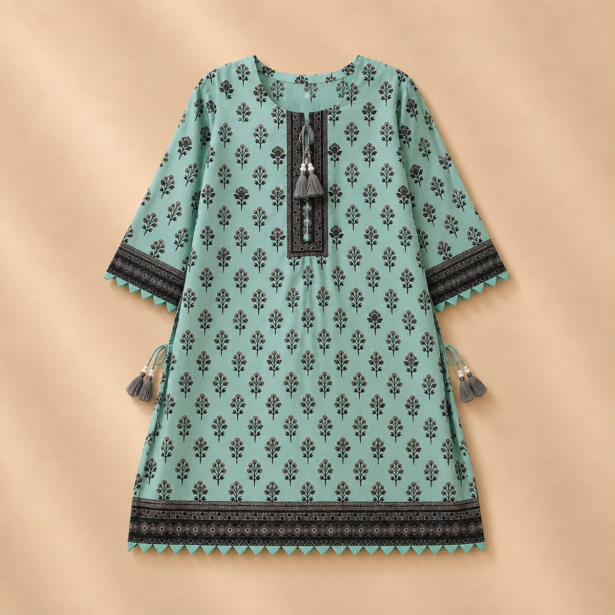 Mint Green Floral Printed 3-Piece Lawn Suit with Tassel Placket