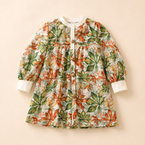 Autumn Leaf Printed Frock & Navy Blue Cuffed Trousers 2-Piece Set