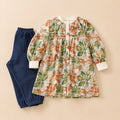 Autumn Leaf Printed Frock & Navy Blue Cuffed Trousers 2-Piece Set