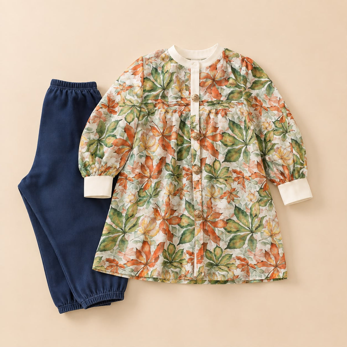 Autumn Leaf Printed Frock & Navy Blue Cuffed Trousers 2-Piece Set