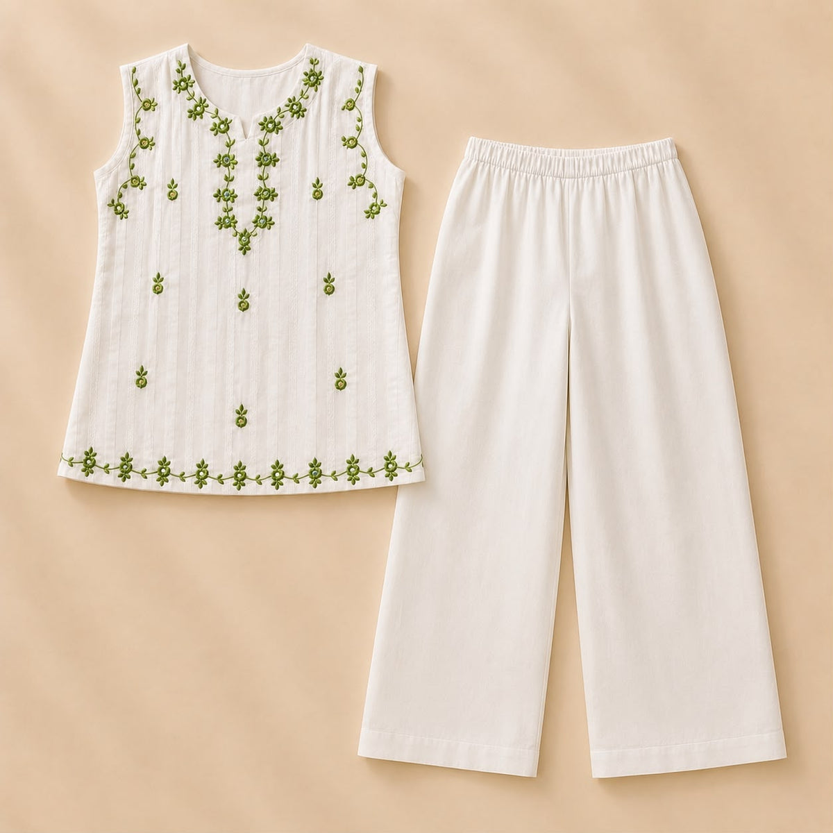 Elegant Off-White Self-Striped Cotton 2-Piece Suit for Girls