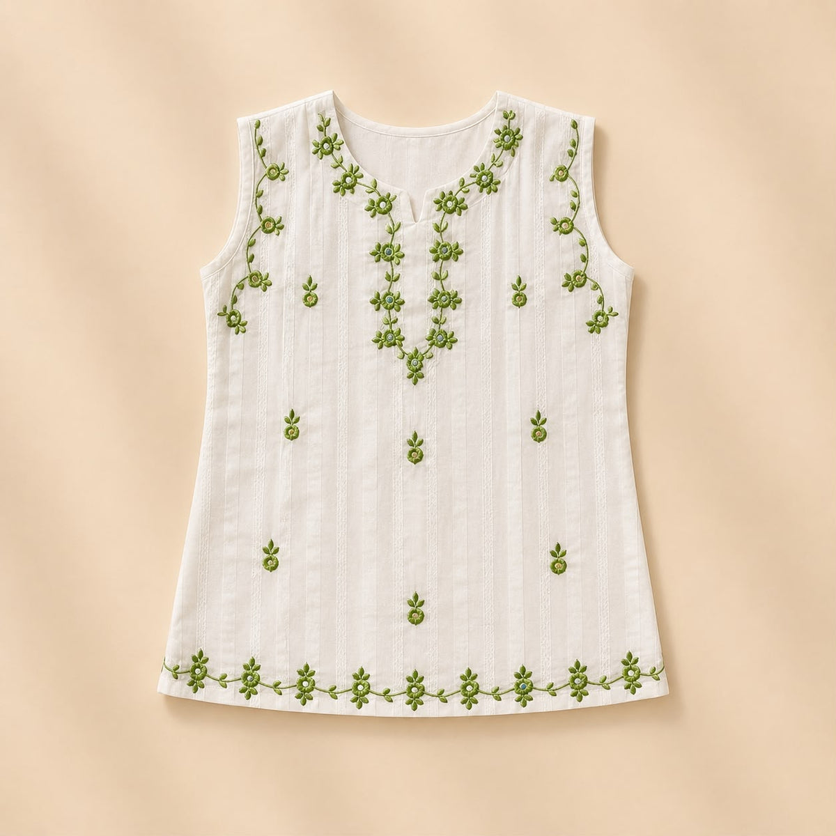 Elegant Off-White Self-Striped Cotton 2-Piece Suit for Girls