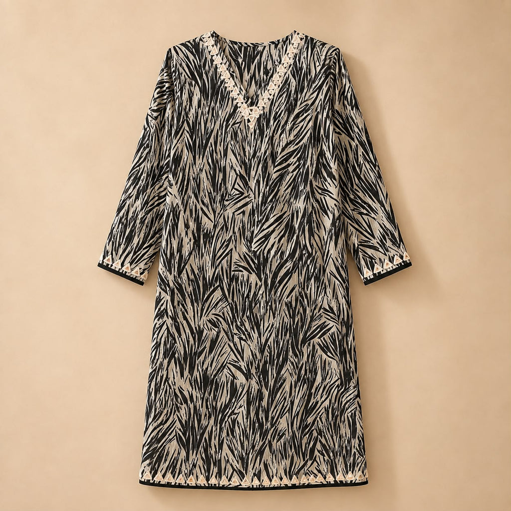 Black & Ivory Botanical Print Embroidered Kaftan Dress.