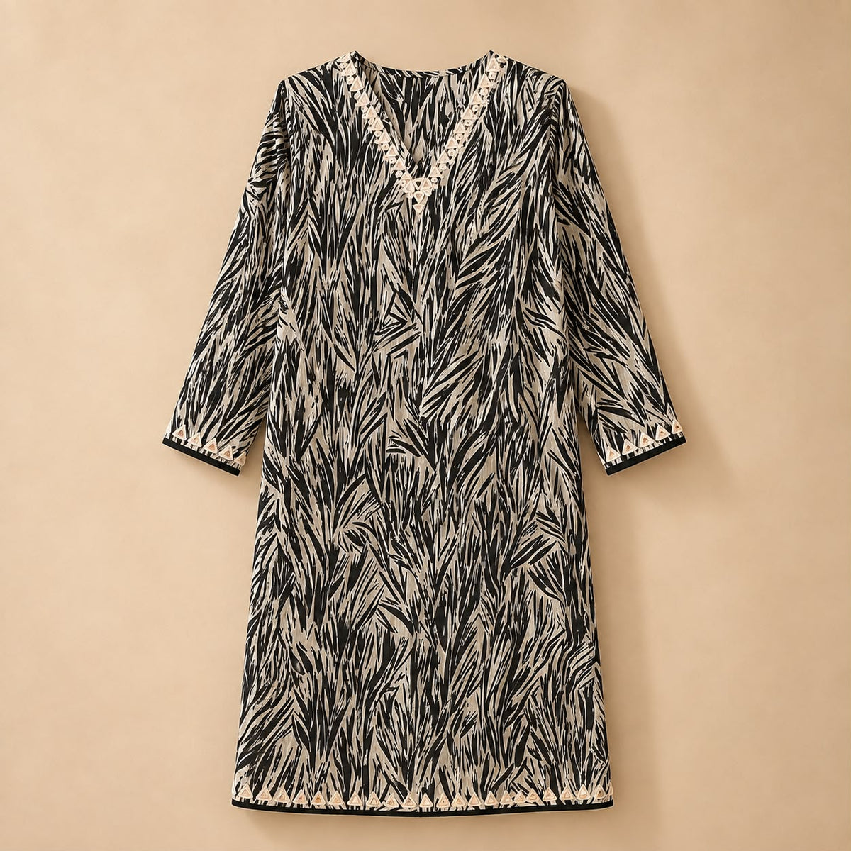 Black & Ivory Botanical Print Embroidered Kaftan Dress.