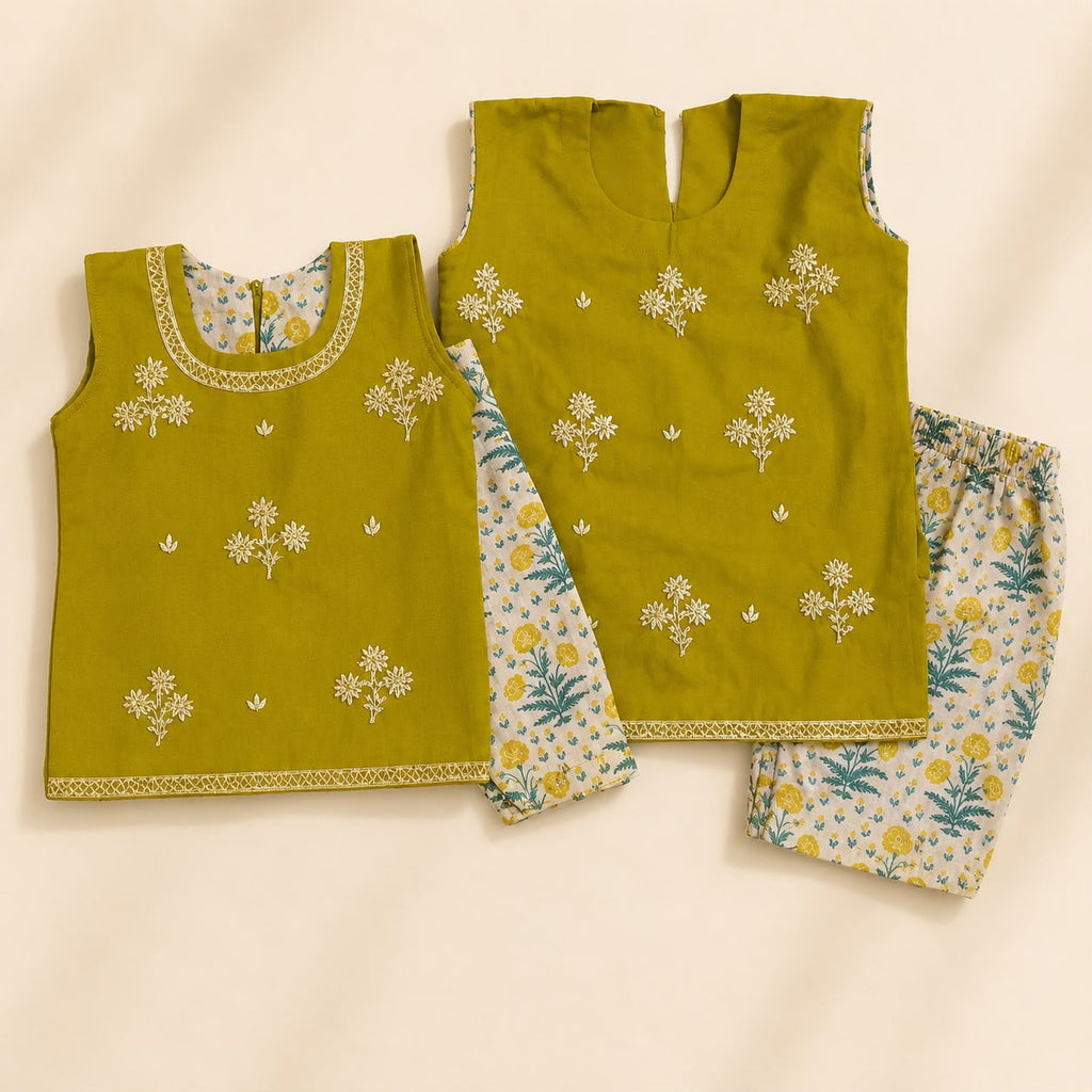 Kids' Olive Green Embroidered 2-Piece Lawn Kurti Set
