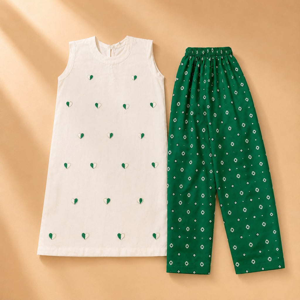 Girls' Off-White Embroidered Heart Kurti & Emerald Green Printed Pants Set