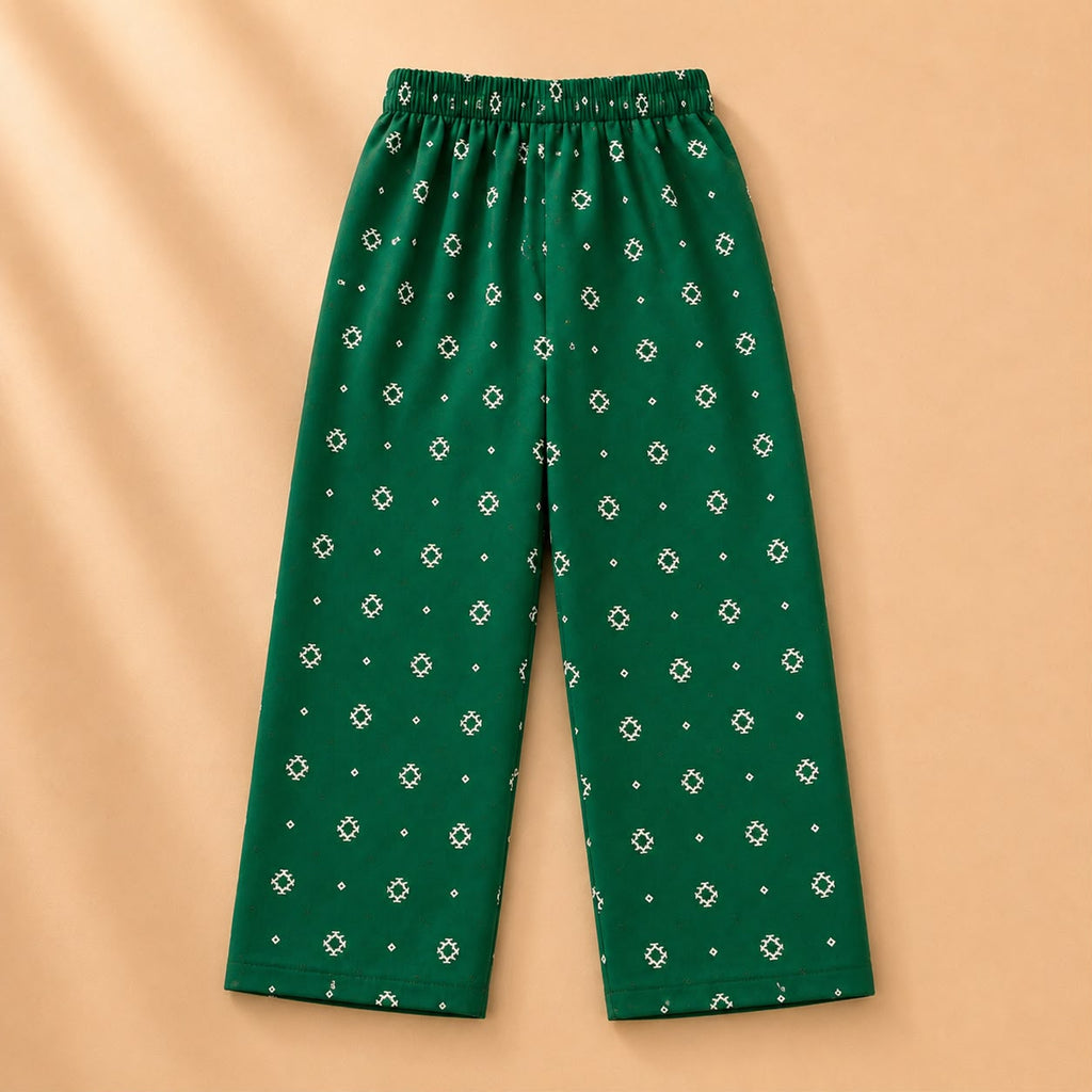 Girls' Off-White Embroidered Heart Kurti & Emerald Green Printed Pants Set