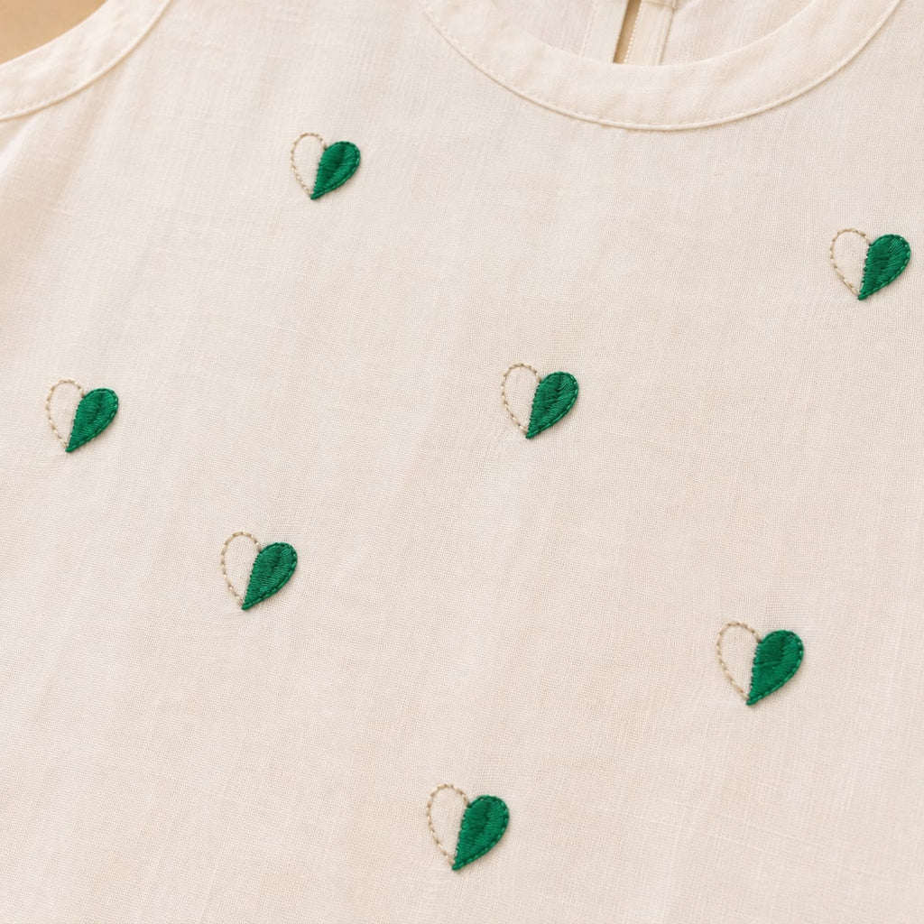 Girls' Off-White Embroidered Heart Kurti & Emerald Green Printed Pants Set