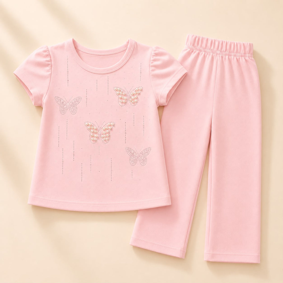 Blushing Pink Pearl Butterfly Loungewear Set for Girls