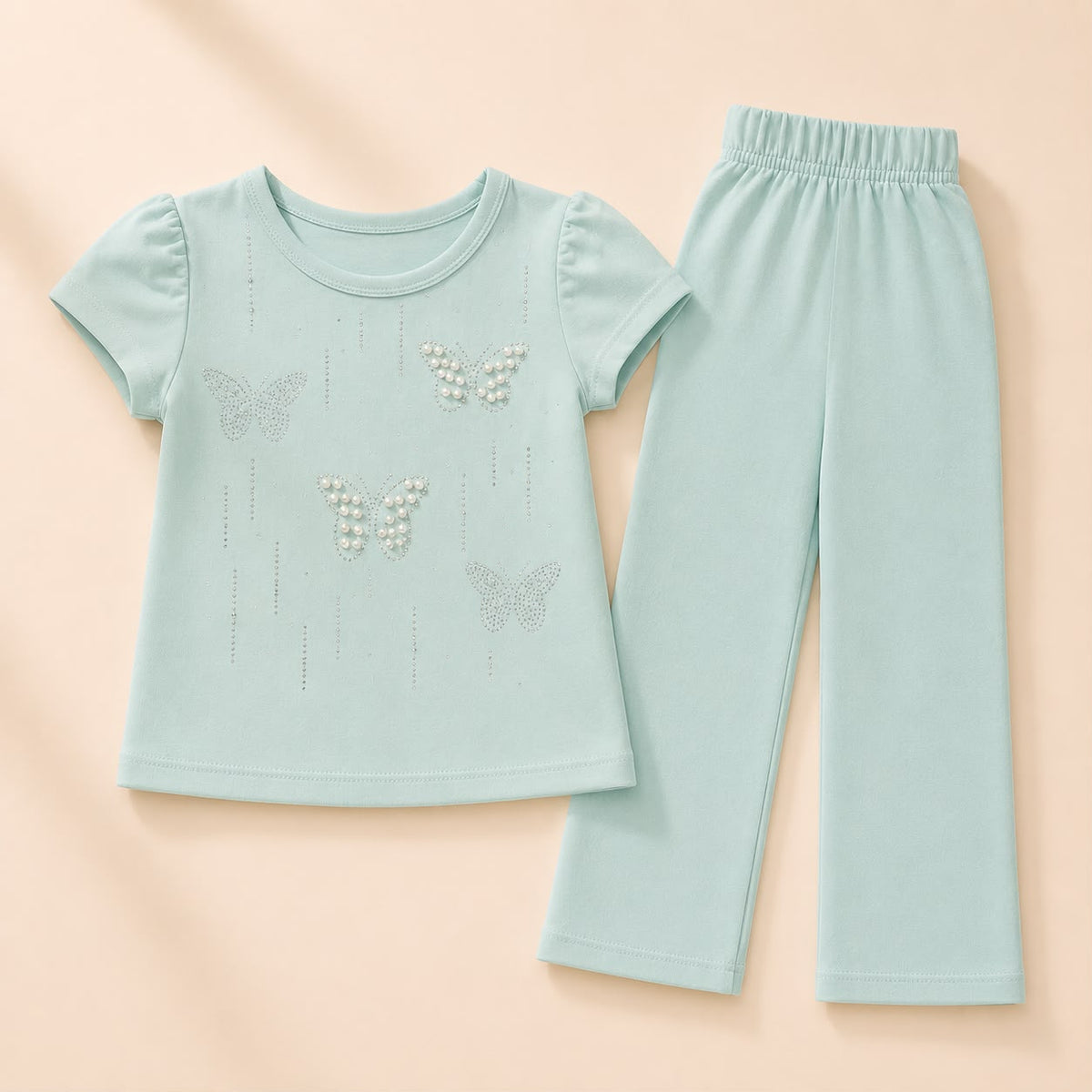 Blushing Pink Pearl Butterfly Loungewear Set for Girls