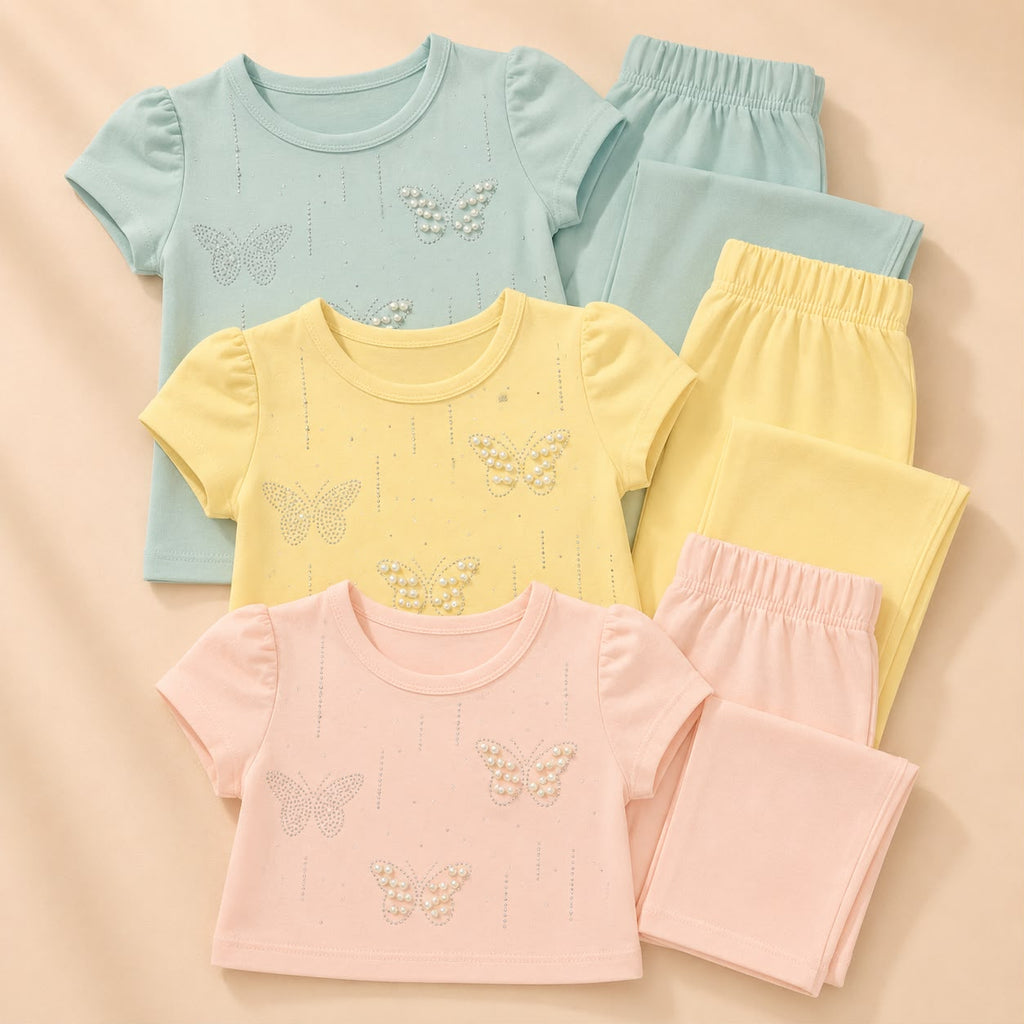Blushing Pink Pearl Butterfly Loungewear Set for Girls