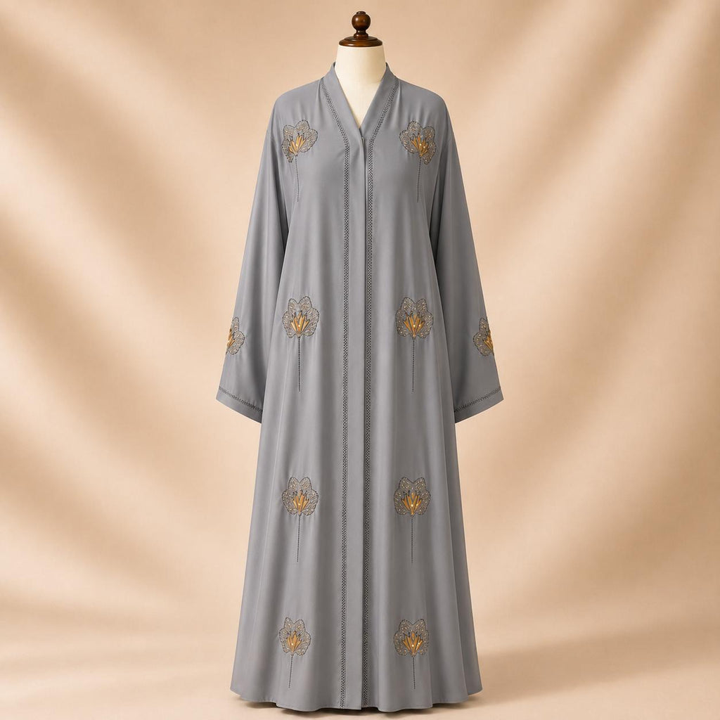 Teal Oasis Floral Beadwork Front-Open Abaya