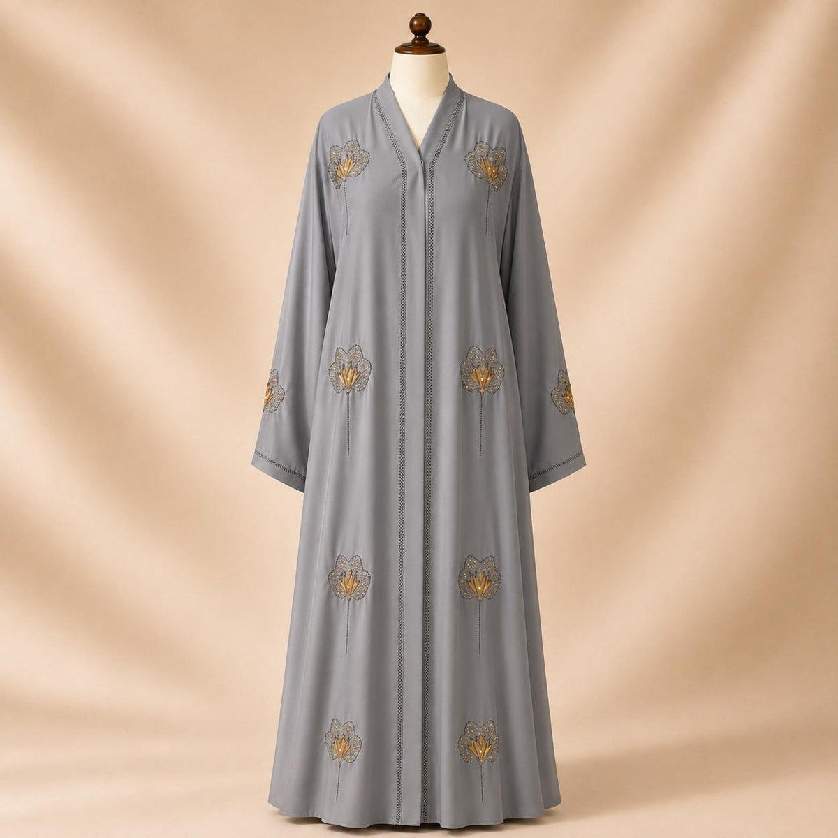 Teal Oasis Floral Beadwork Front-Open Abaya