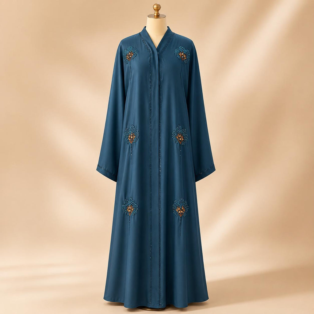 Teal Oasis Floral Beadwork Front-Open Abaya