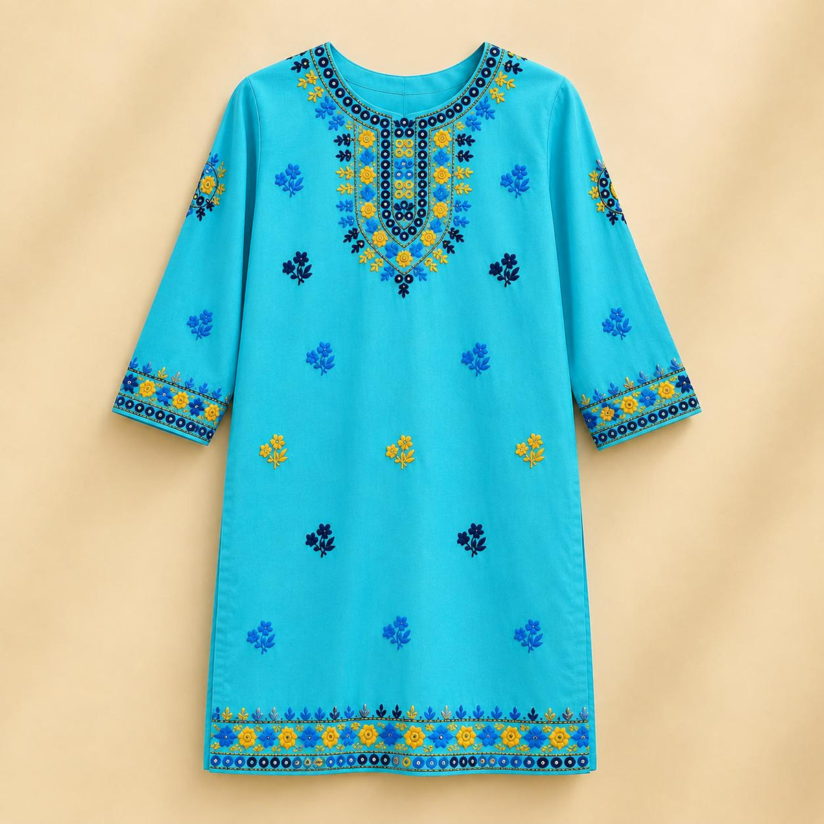 Elegant Turquoise Embroidered Kurta Trouser Set