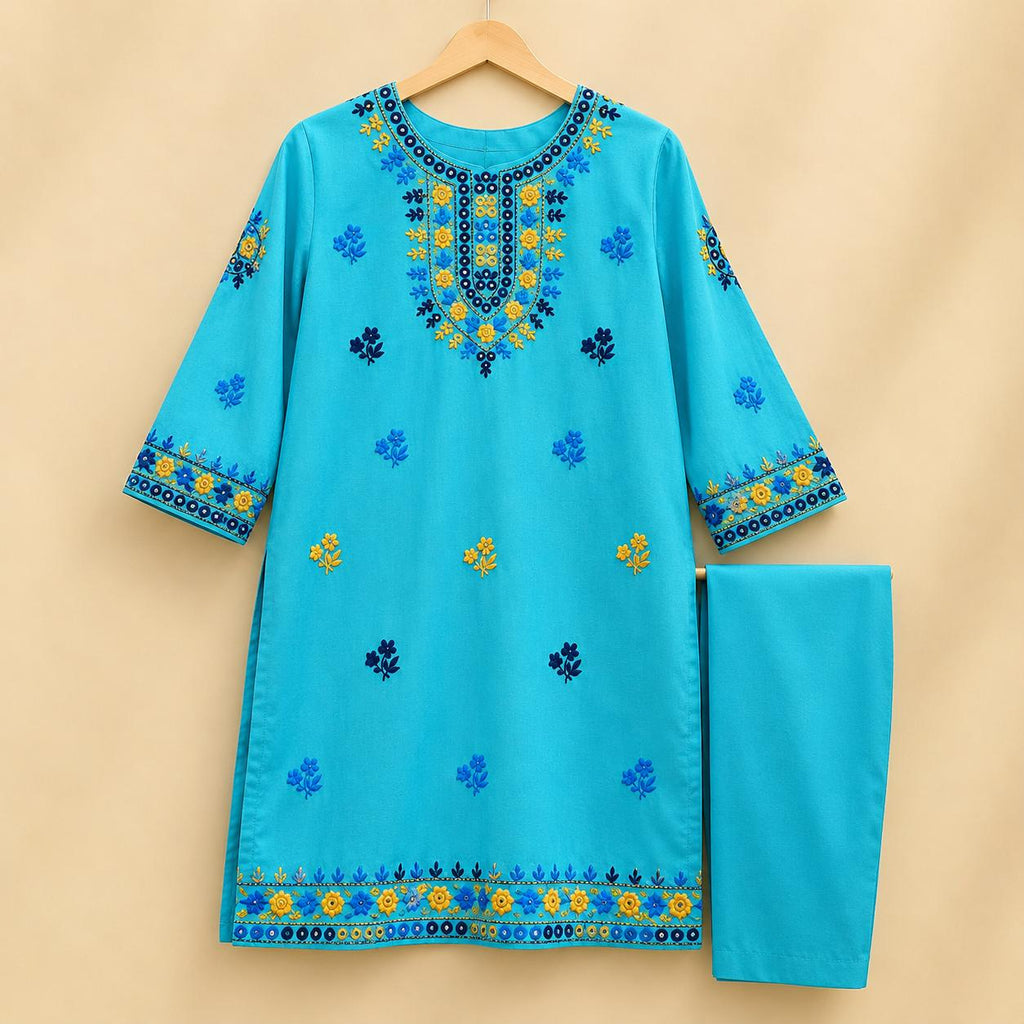Elegant Turquoise Embroidered Kurta Trouser Set