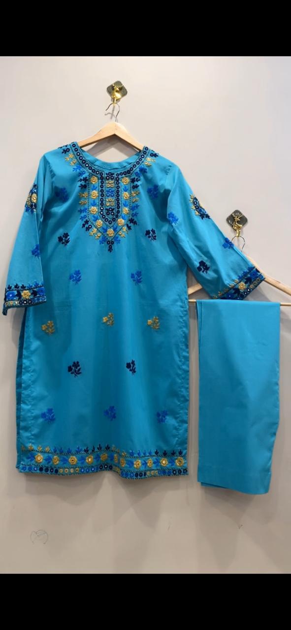 Elegant Turquoise Embroidered Kurta Trouser Set