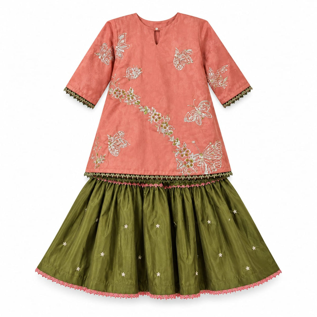 Peach Butterfly Embroidered Kurta with Olive Frill Garara Set.