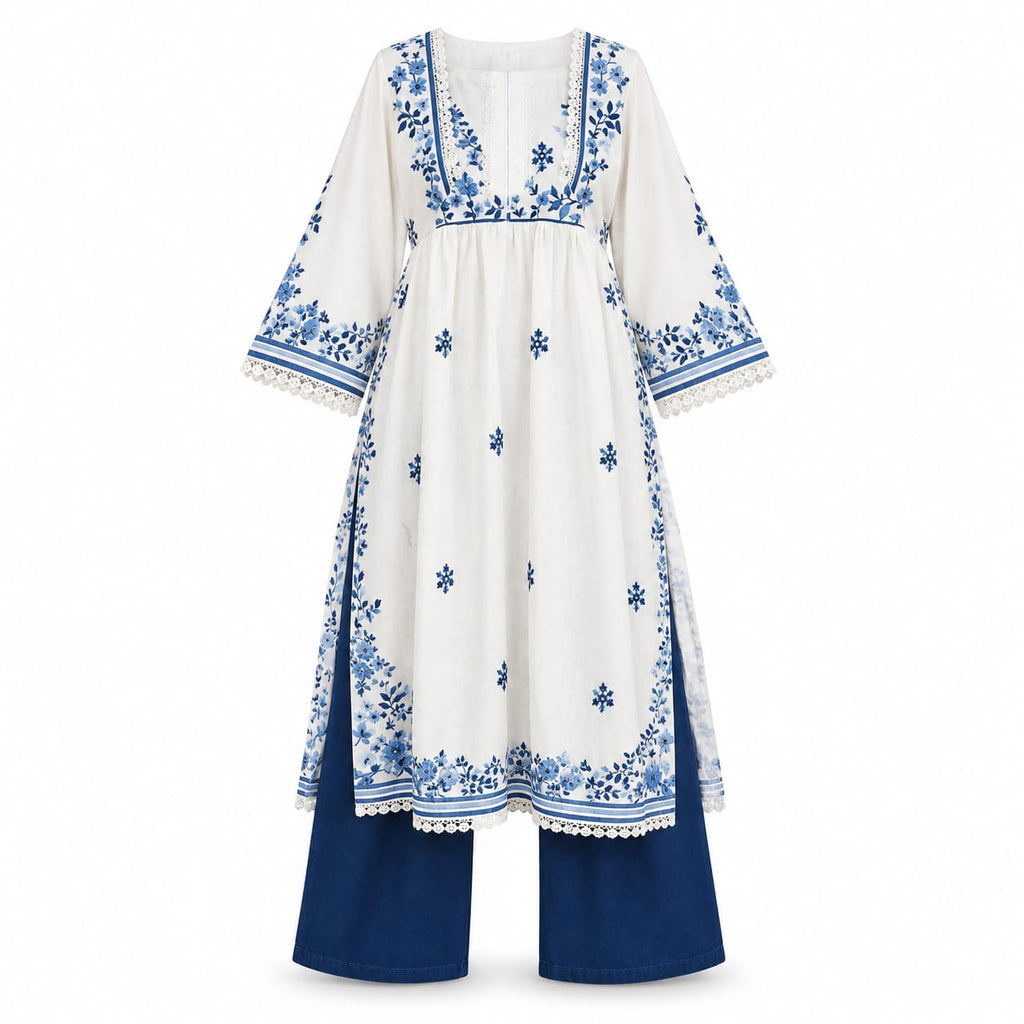 Royal Blue & White Floral Embroidered Lawn 2-Piece Suit