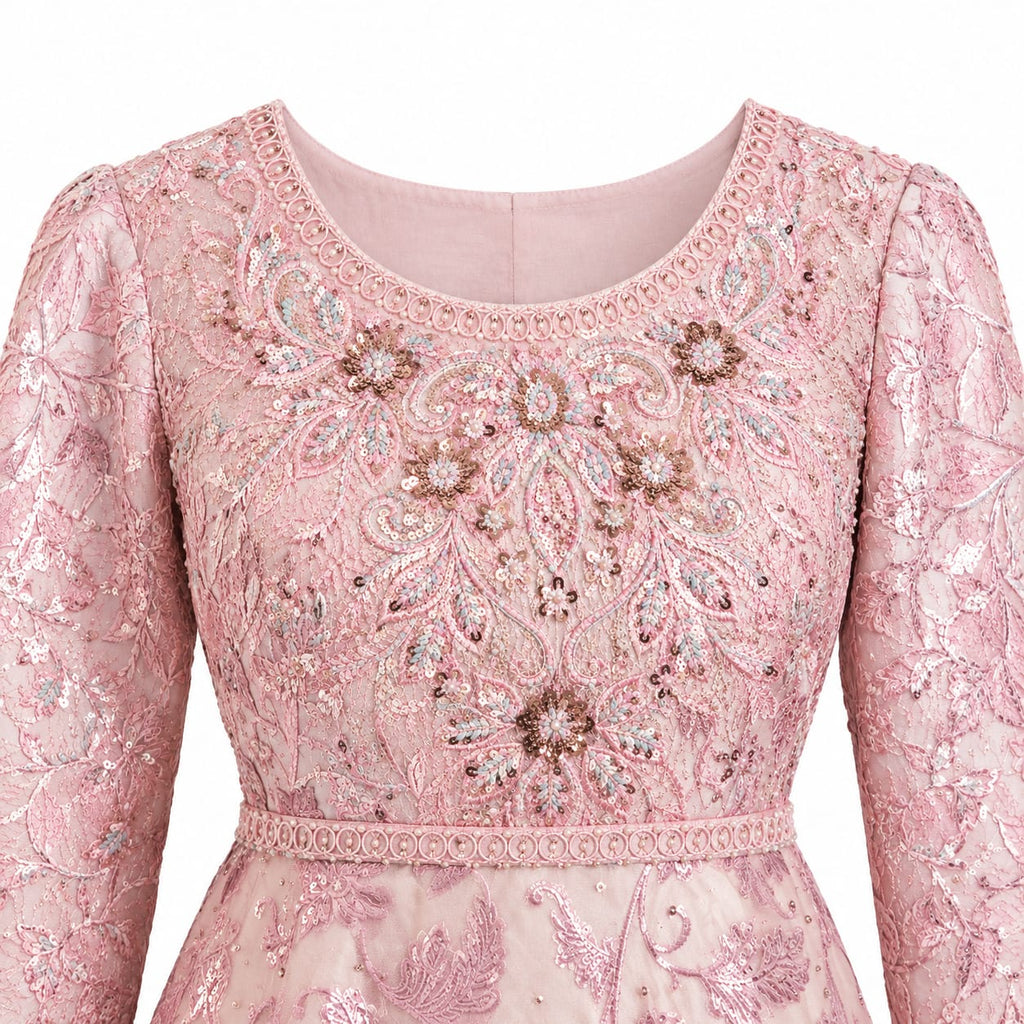 *Blush Pink Floral Embroidered Net Long Maxi Dress*