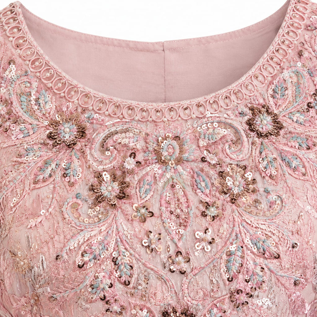 *Blush Pink Floral Embroidered Net Long Maxi Dress*