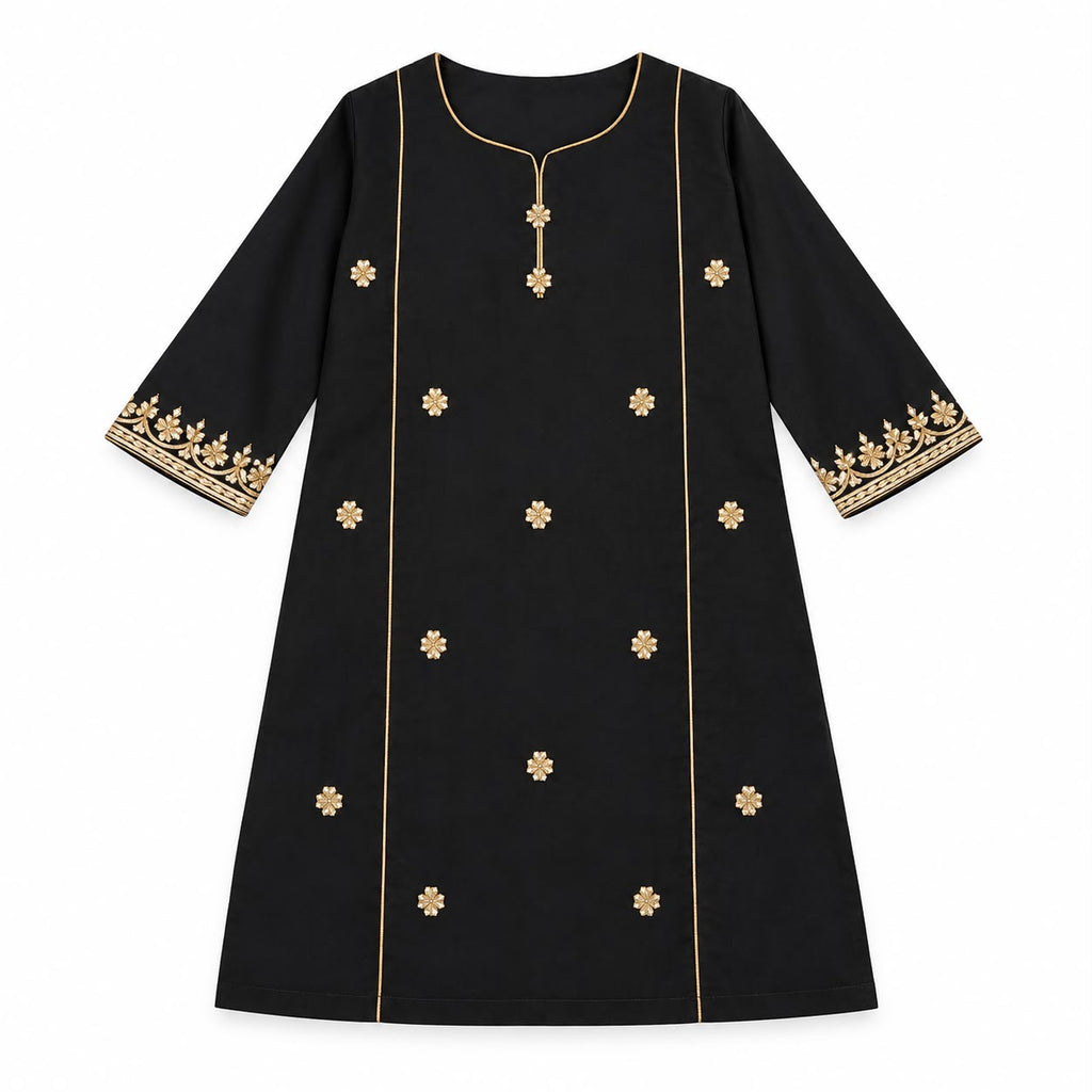 Black dress with  Gold Embroidered A-Line Kurti.