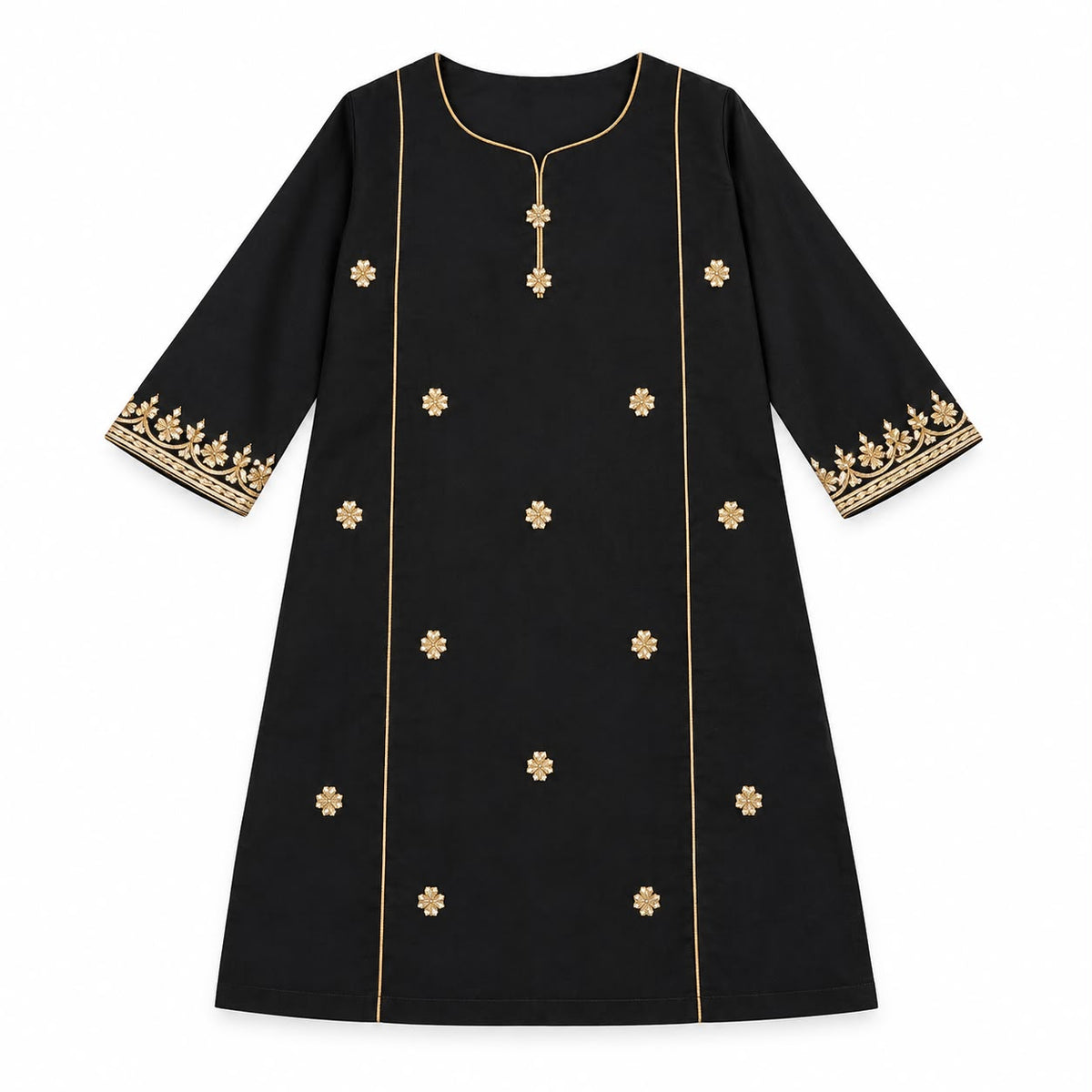 Black dress with  Gold Embroidered A-Line Kurti.