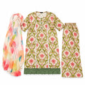 Green Floral Printed 3-Piece Suit with Organza Dupatta.