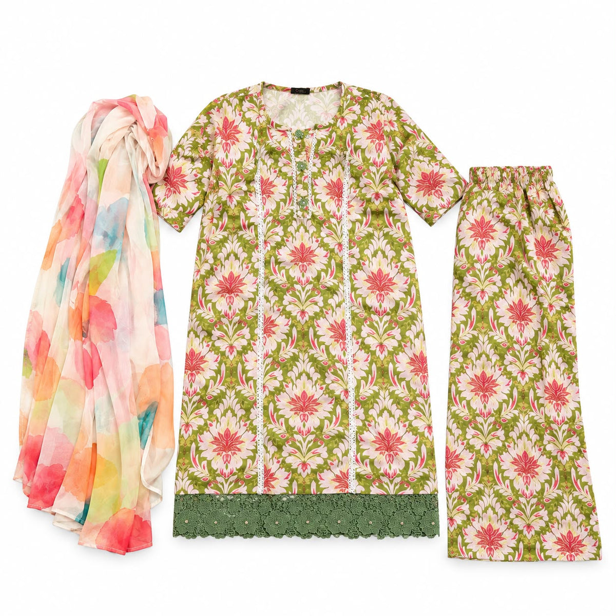 Green Floral Printed 3-Piece Suit with Organza Dupatta.