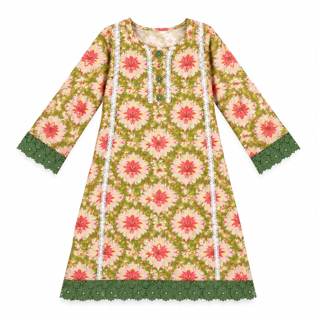 Green Floral Printed 3-Piece Suit with Organza Dupatta.