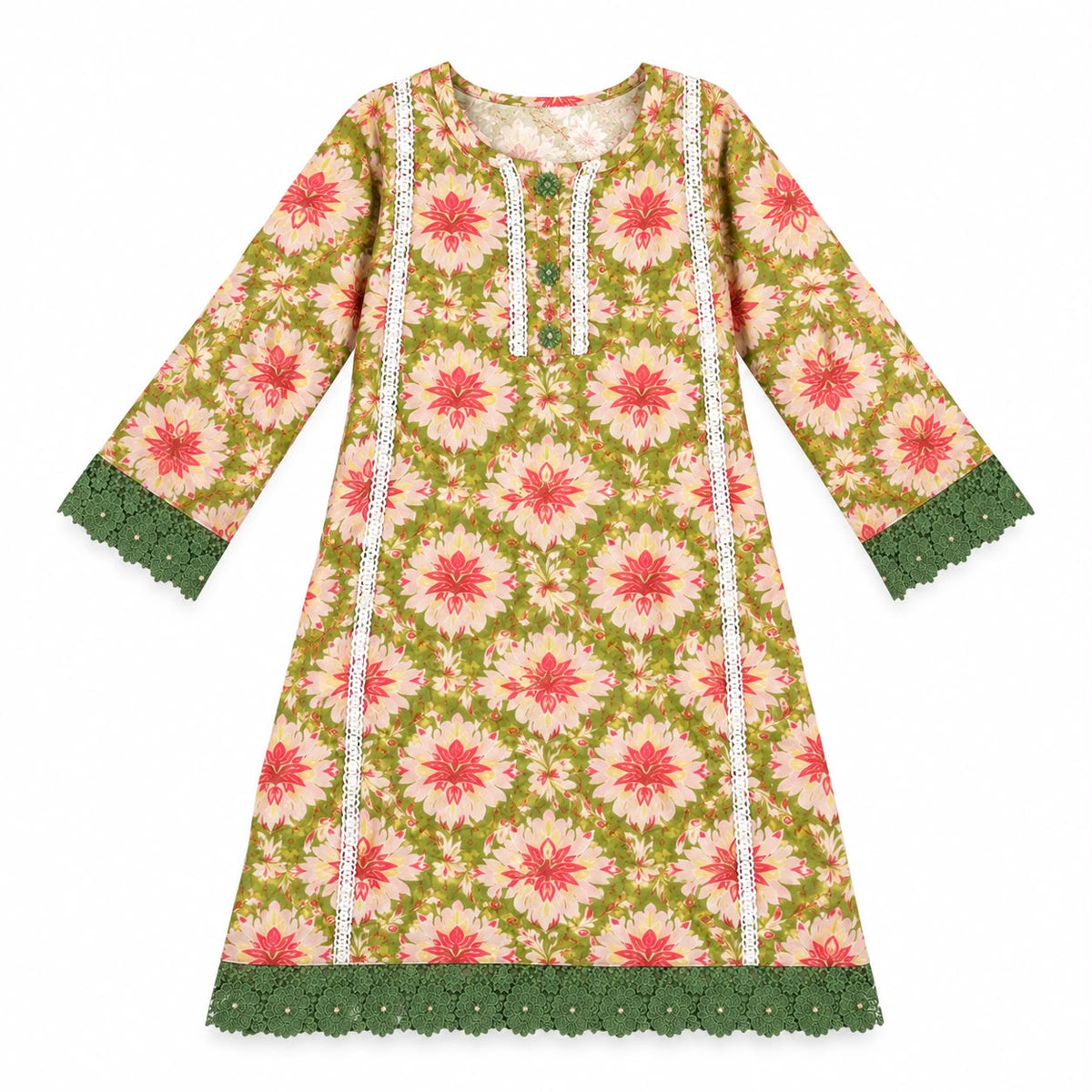 Green Floral Printed 3-Piece Suit with Organza Dupatta.