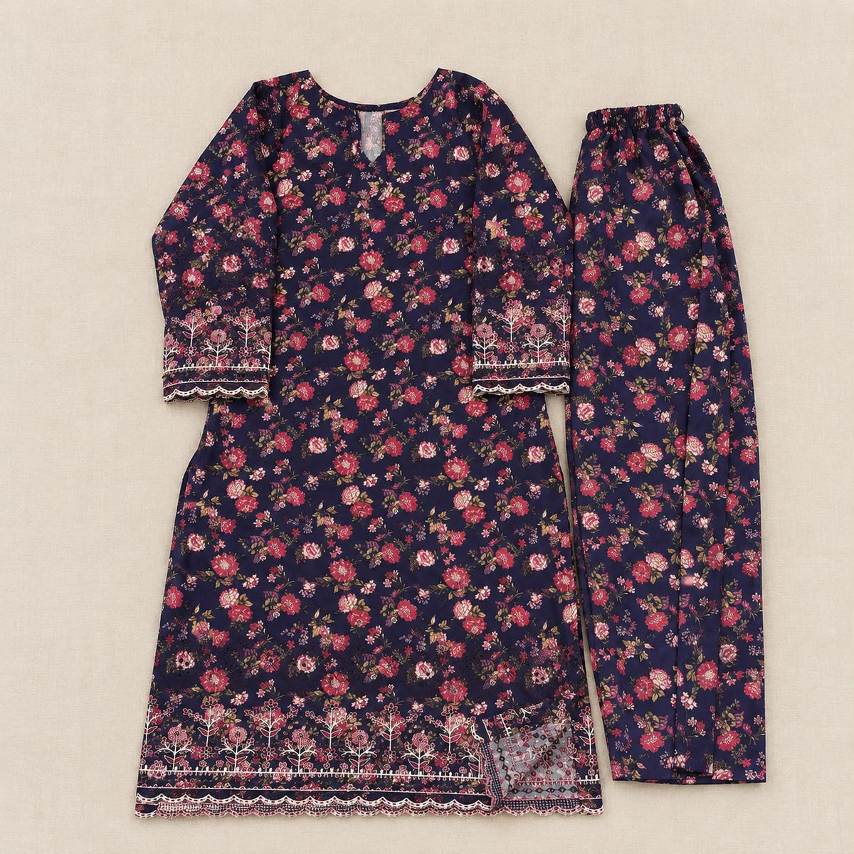 Floral Printed khaddar outfit with Embroidered Border.