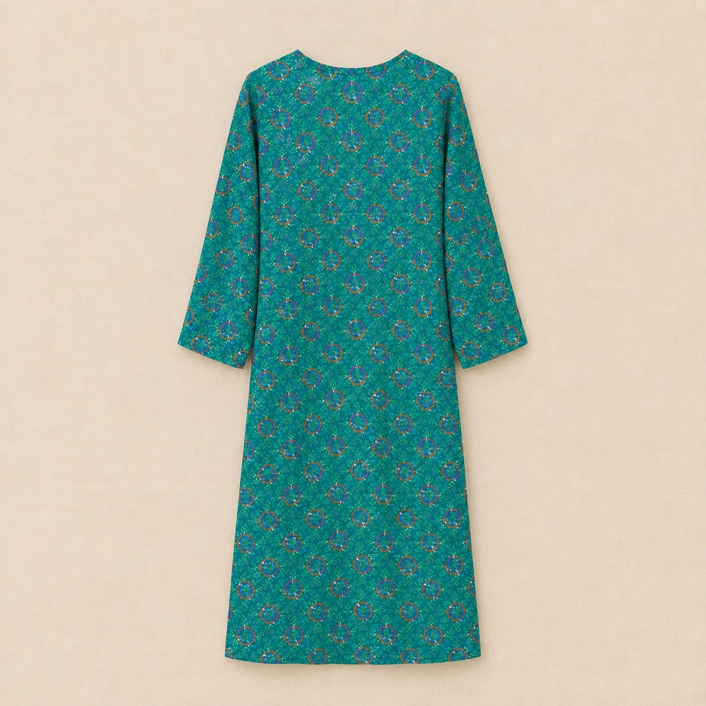Teal Printed Long kaftan  with Floral Embellished Neckline