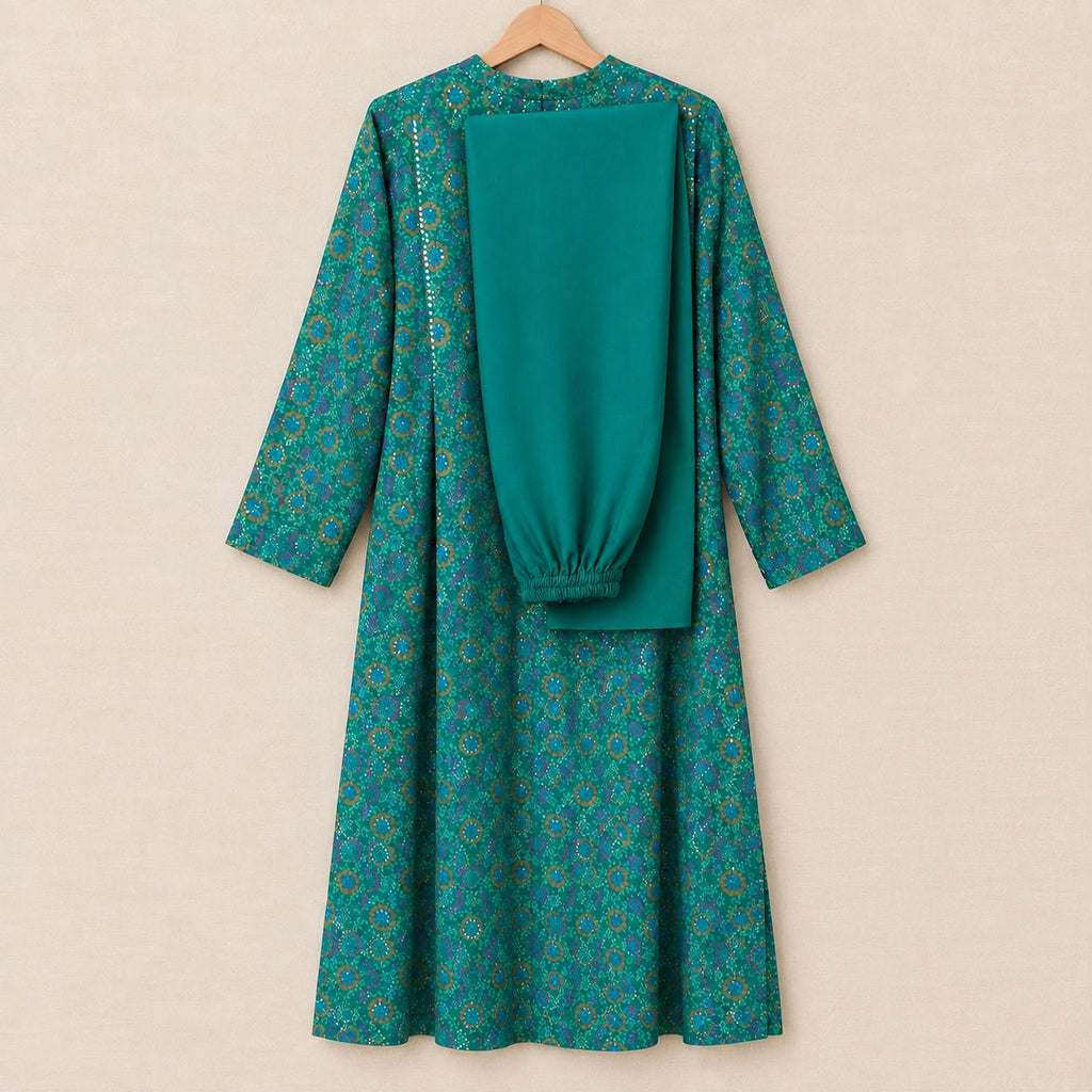 Teal Printed Long kaftan  with Floral Embellished Neckline