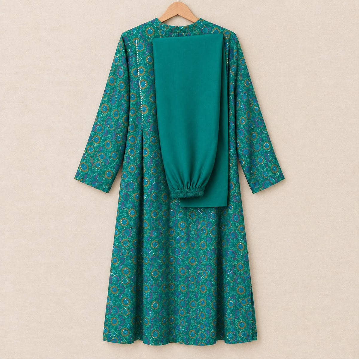 Teal Printed Long kaftan  with Floral Embellished Neckline