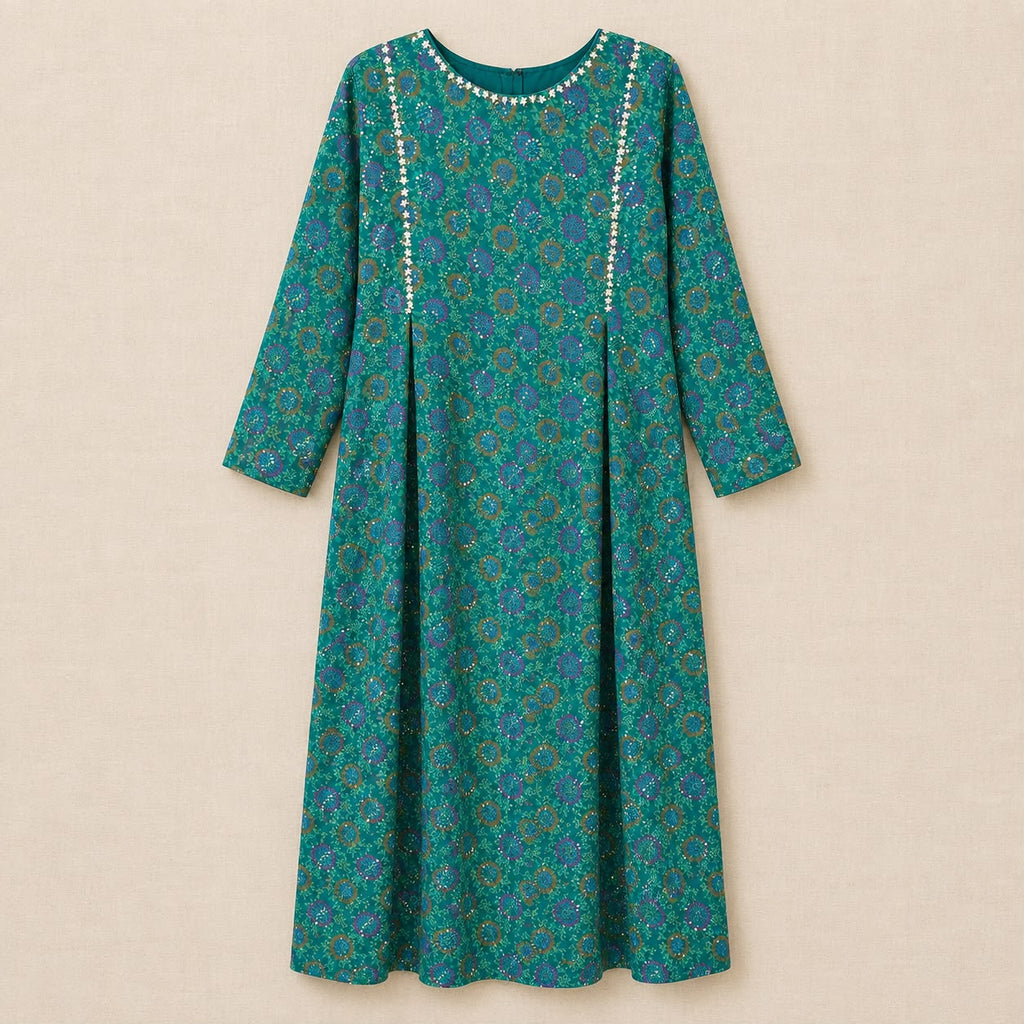 Teal Printed Long kaftan  with Floral Embellished Neckline