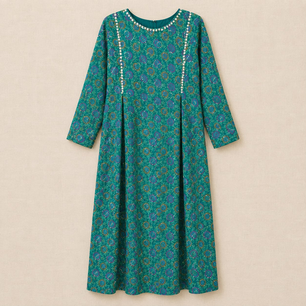 Teal Printed Long kaftan  with Floral Embellished Neckline