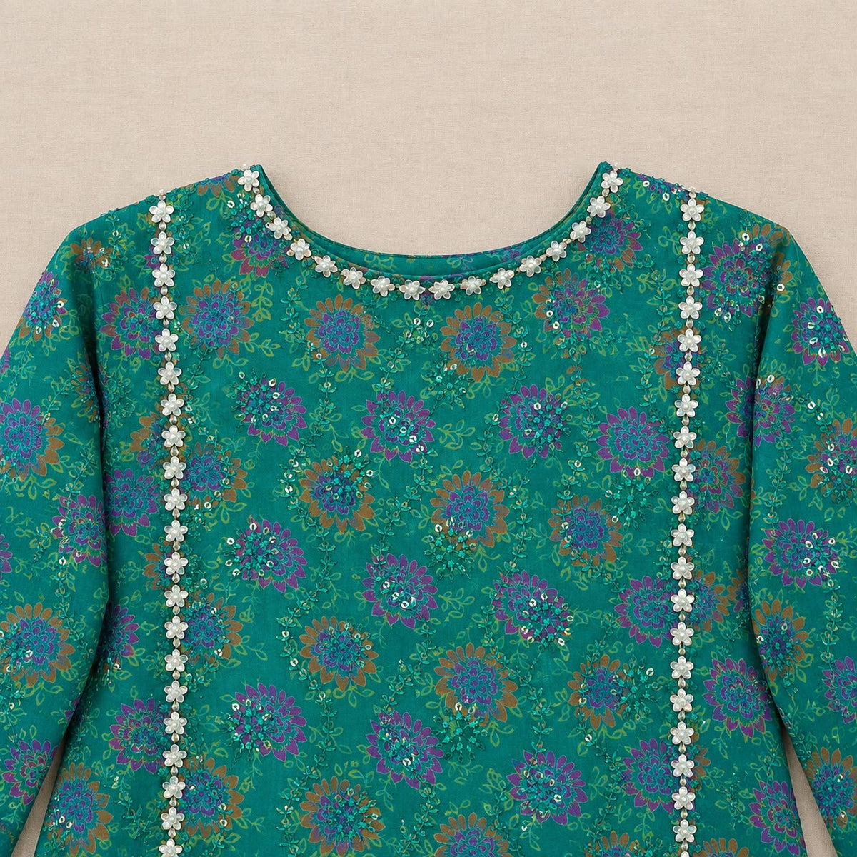 Teal Printed Long kaftan  with Floral Embellished Neckline