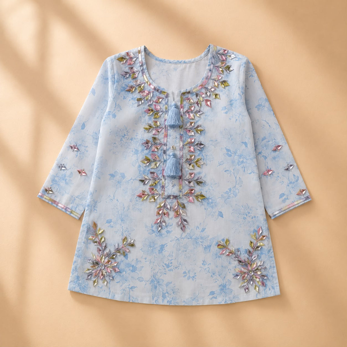 Pastel Blue Floral Embroidered Outfit.