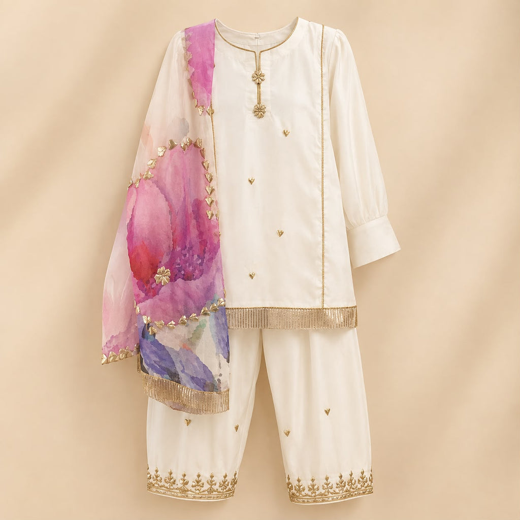 Elegant White Embroidered Kurta Trouser Set with Pink Printed Dupatta