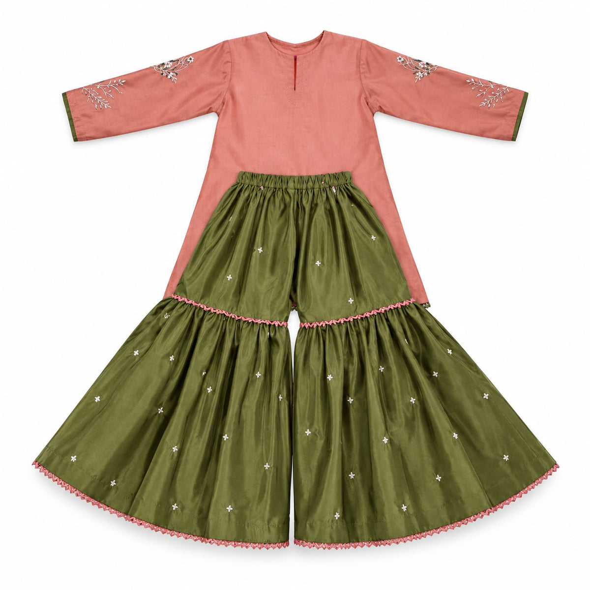 Peach Butterfly Embroidered Kurta with Olive Frill Garara Set.