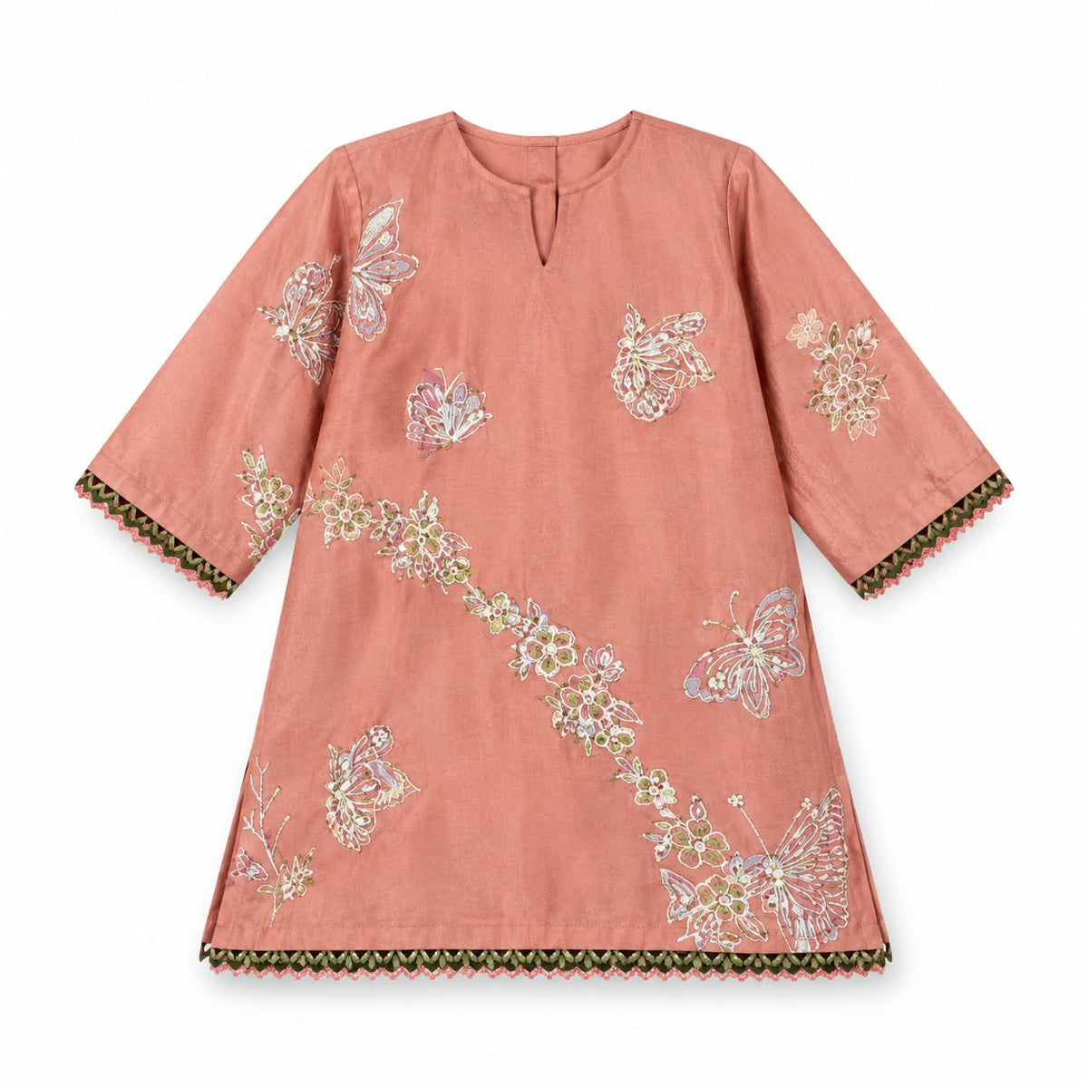 Peach Butterfly Embroidered Kurta with Olive Frill Garara Set.