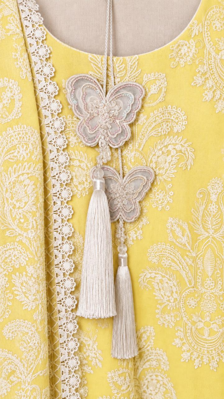 Luxury Lemon Yellow Pure Thread  Embroidered 3-Piece Suit .