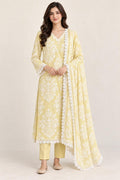 Luxury Lemon Yellow Pure Thread  Embroidered 3-Piece Suit .