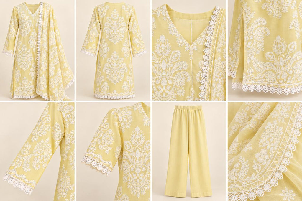 Luxury Lemon Yellow Pure Thread  Embroidered 3-Piece Suit .