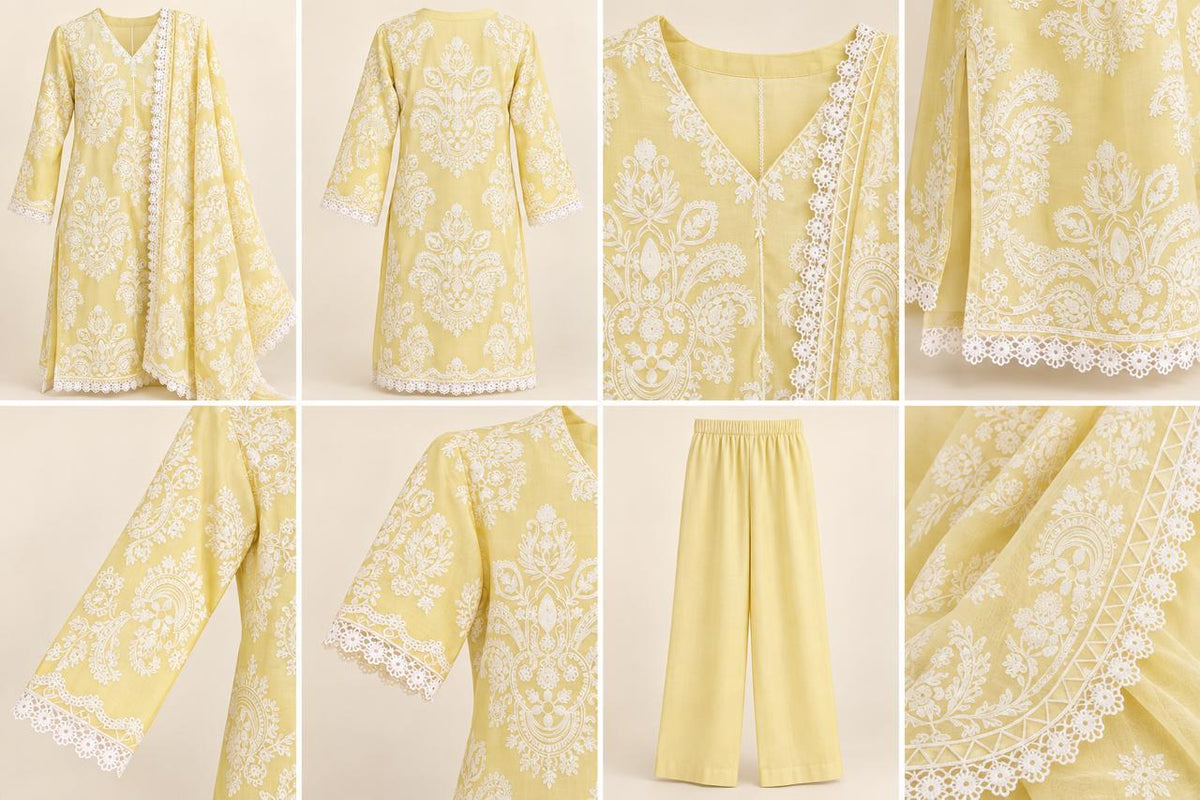 Luxury Lemon Yellow Pure Thread  Embroidered 3-Piece Suit .