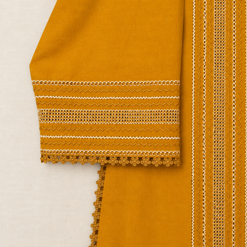 Mustard Tarkashi Embroidered Kurta And Printed shalwar2-Piece Set On karandy Winter Fabric